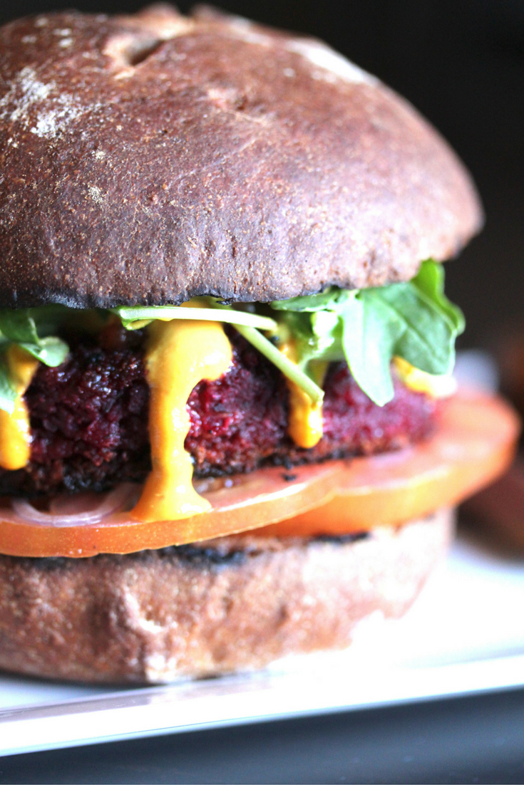 Vegan Beet Burger with quick pickled beets and creamy cashew cheese