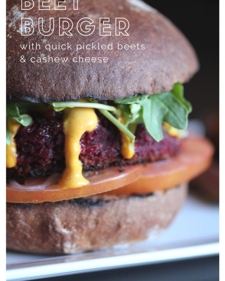 Vegan Beet Burger with quick pickled beets and cashew cheese