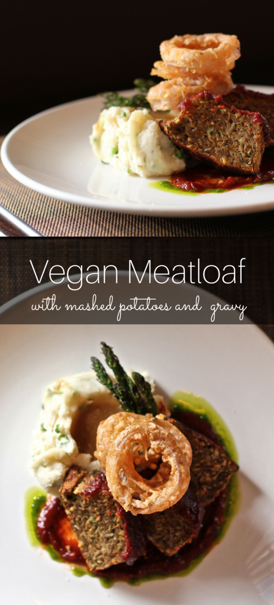 Vegan meatloaf with mashed potatoes, gravy and onion rings! This is a filling and healthy winter entree