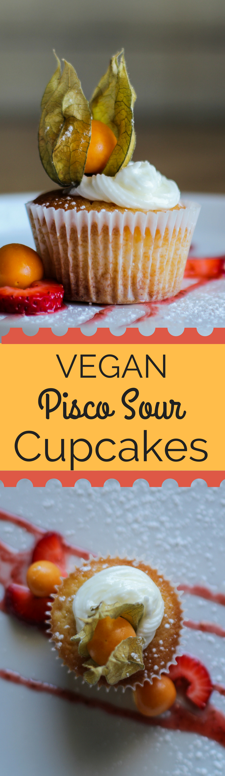 Velvety smooth vegan cupcakes with a kick from lime and pisco, feature a unique fruit indigenous to Peru-the pichuberry or cape gooseberry.