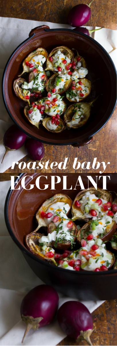 Roasted Baby Eggplant with cashew yogurt, mint and pomegranate