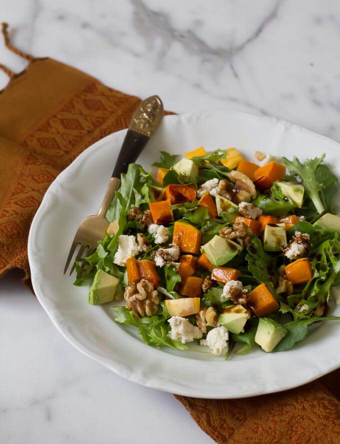 Roasted butternut is such a great addition to winter entree salads, with macadamia ricotta, walnuts, avocado and baby kale with a simple vinaigrette.