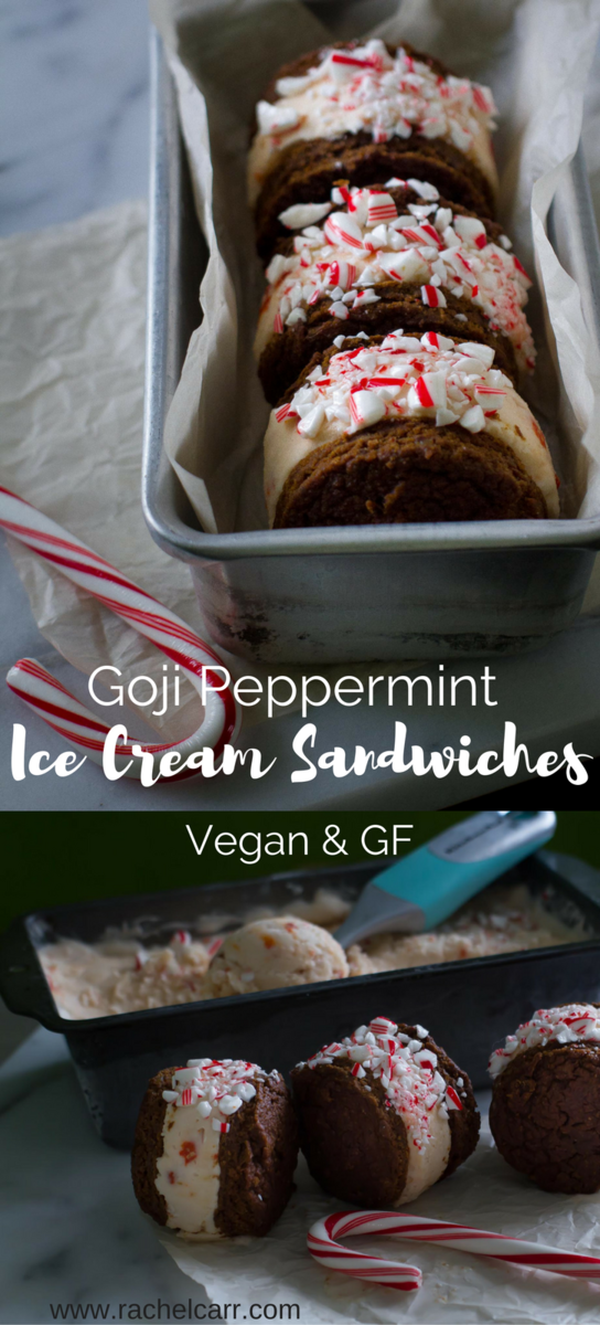 Peppermint Gingerbread Ice Cream Sandwiches-all vegan and gluten free! The gingerbread cookies are moist and soft and the no-churn cashew based peppermint Goji ice cream tastes just like the Holidays!