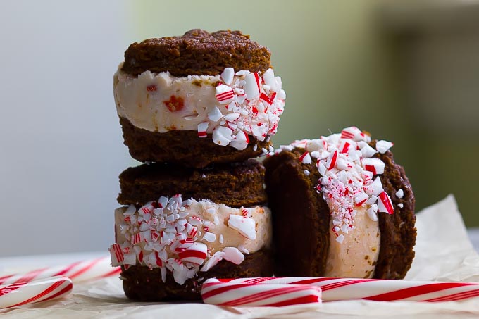 Peppermint Gingerbread Ice Cream Sandwiches-all vegan and gluten free! The gingerbread cookies are moist and soft and the no-churn cashew based peppermint Goji ice cream tastes just like the Holidays!