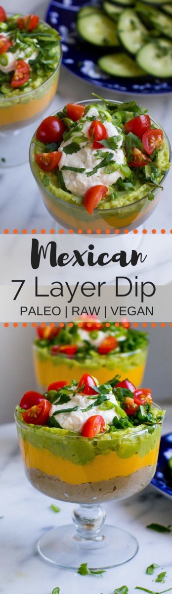 Paleo Vegan Mexican 7 Layer Dip is a healthy option for your next party! Mostly raw and completely bean free, this dip is delicious enough to be a meal on it's own!