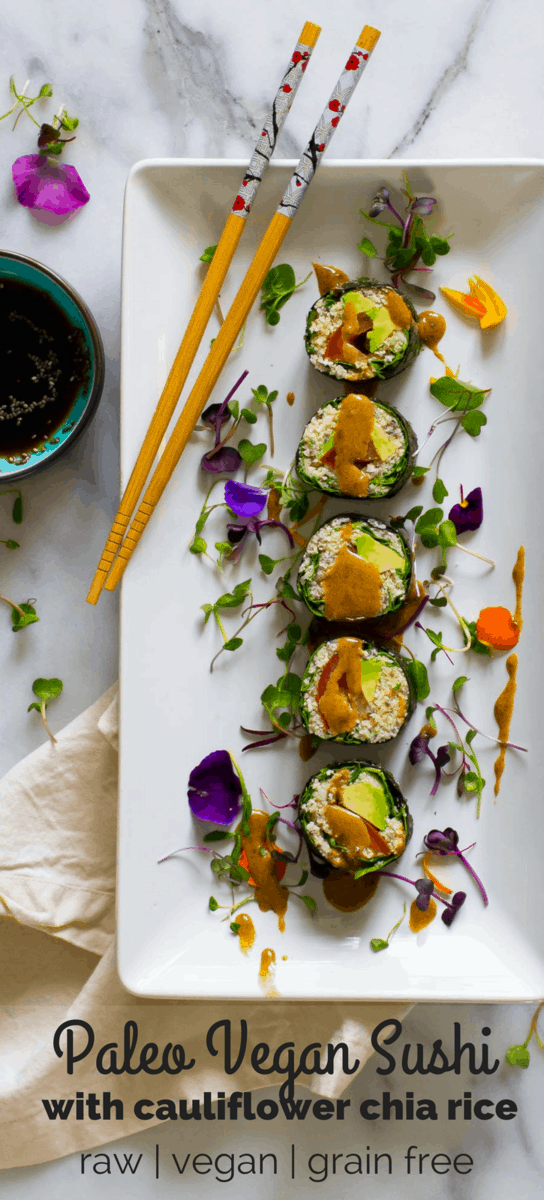 Paleo vegan sushi with cauliflower chia rice and a spicy chili almond sauce. Raw, gluten-free, grain-free and nutrient dense.