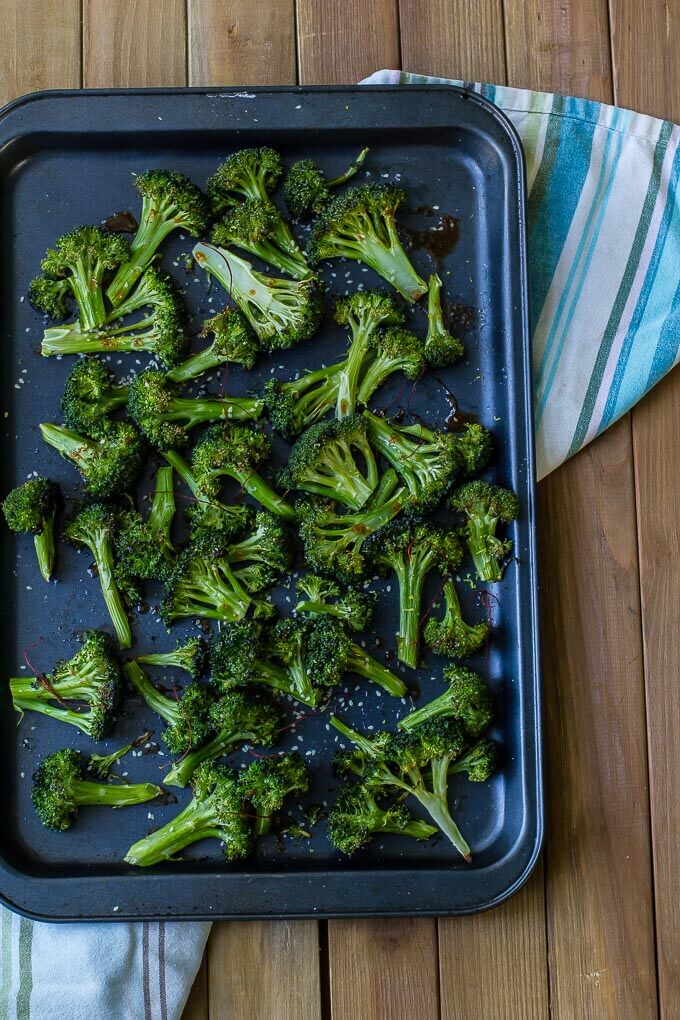 Crispy roasted sesame broccoli is a perfect accompaniment to rice or noodles for a healthy, light dinner vegan!