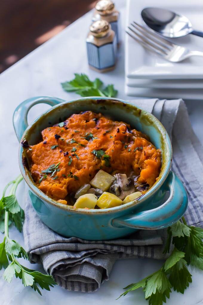 A warming vegan casserole like this is a good vehicle for root vegetables, made here with celery root, mushrooms and sweet potato. VEGAN SHEPHERDS' PIE!