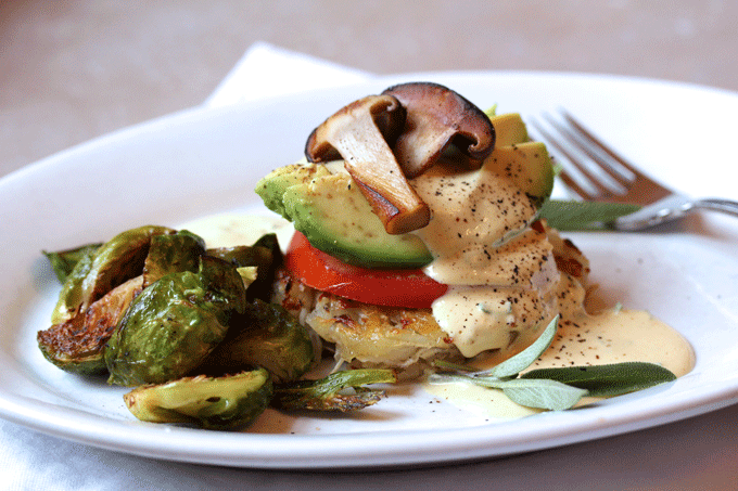 Gluten Free Vegan Benedict with crispy Brussels sprouts and potato rosti