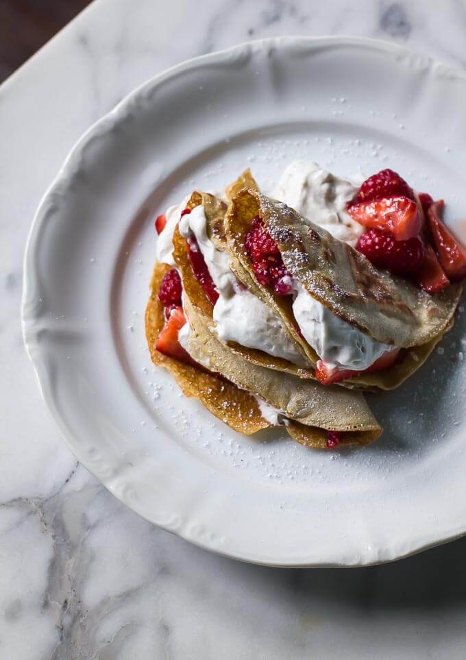 4 ingredient Vegan + gf berry crepe with coconut whipped cream