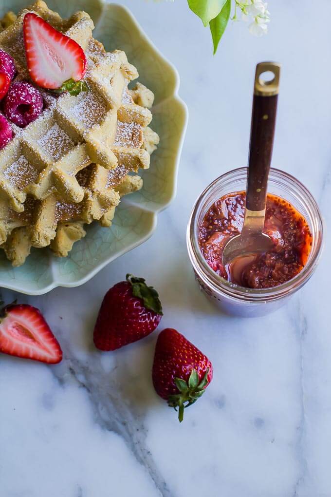 Allergen free and vegan easy oat waffles with homemade strawberry rhubarb chia jam makes a quick and delicious brunch!