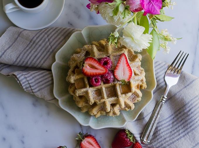 Allergen free and vegan easy oat waffles with homemade strawberry rhubarb chia jam makes a quick and delicious brunch!